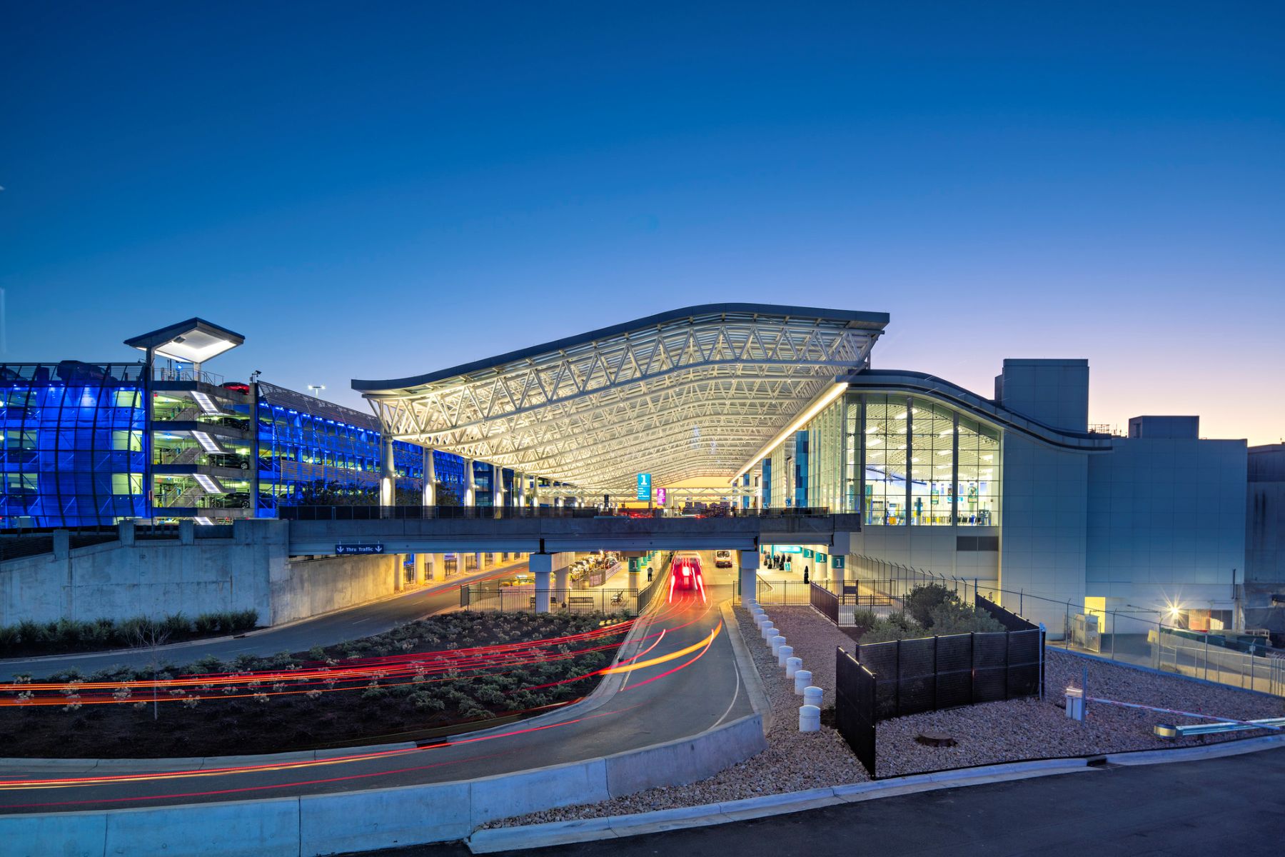 Charlotte Douglas International Airport terminal at dusk