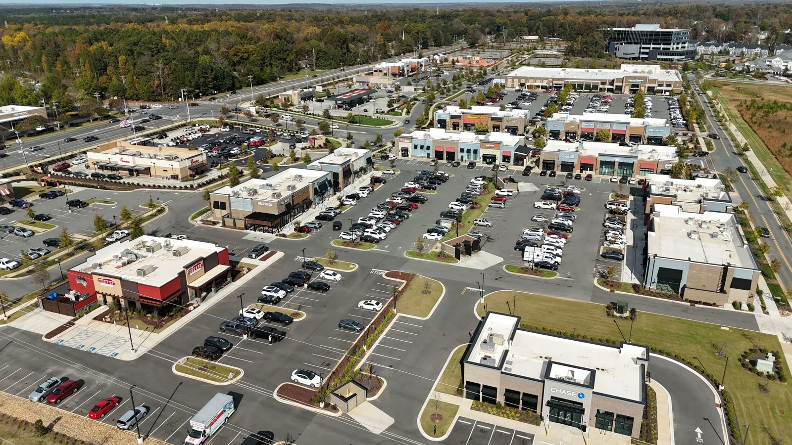 Aerial view of Riverbend Village shopping and dining center