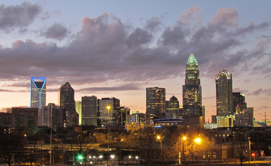 Uptown Charlotte skyline at dusk